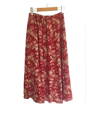 Vintage Red Skirt April Cornell Midi Leaf Print Buttons Elastic Waist M